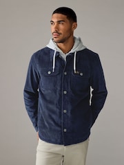 Navy Blue Hooded Corduroy Borg Lined Shacket - Image 4 of 10
