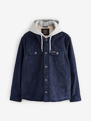 Navy Blue Hooded Corduroy Borg Lined Shacket - Image 7 of 10