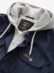 Navy Blue Hooded Corduroy Borg Lined Shacket - Image 9 of 10
