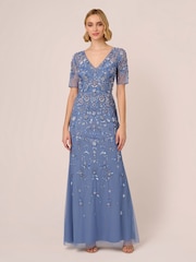 Adrianna Papell Blue Beaded Mesh Long Dress - Image 1 of 7