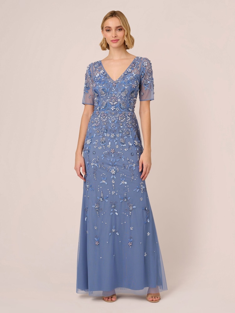 Adrianna Papell Blue Beaded Mesh Long Dress - Image 1 of 7