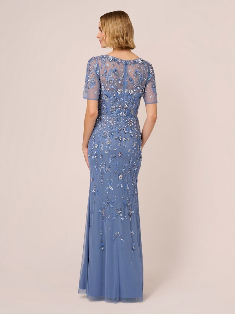 Adrianna Papell Blue Beaded Mesh Long Dress - Image 2 of 7