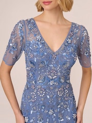 Adrianna Papell Blue Beaded Mesh Long Dress - Image 5 of 7