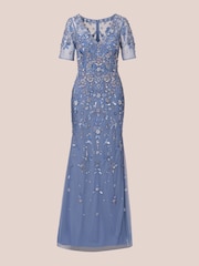 Adrianna Papell Blue Beaded Mesh Long Dress - Image 6 of 7