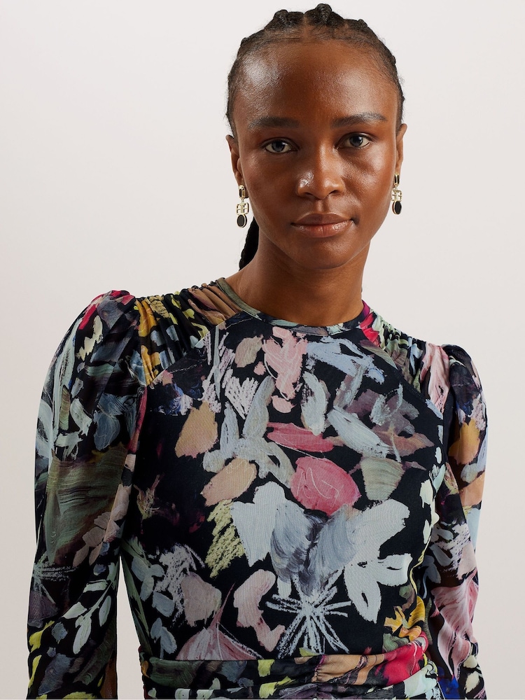 Ted Baker Black Mesh Payslyy Mini Dress With Shoulder Gathers - Image 2 of 5