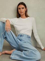 Reiss Ivory Lily Ribbed Crew Neck Top - Image 1 of 6