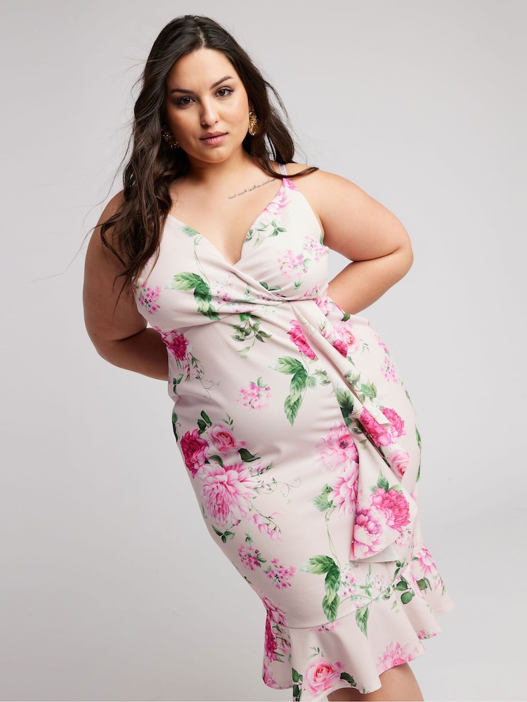 Yours Curve Pink London Floral Print Ruffle Midi Dress - Image 1 of 5