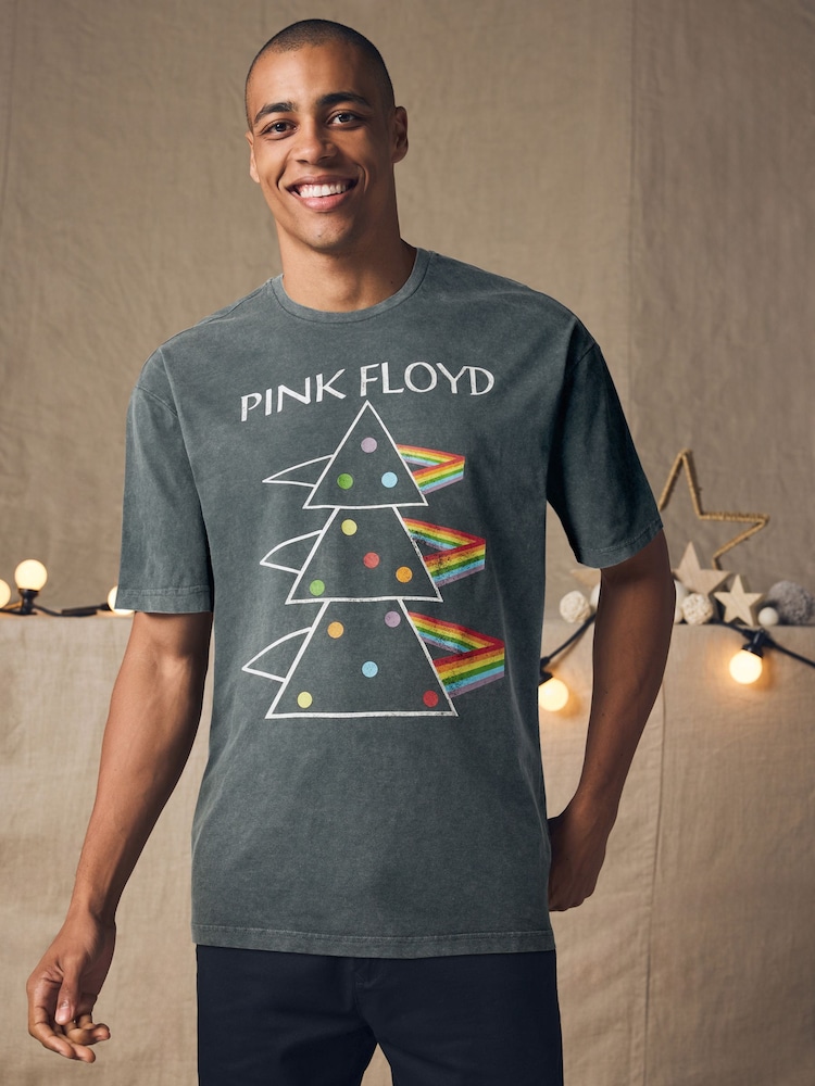 Charcoal Grey Wash Pink Floyd 100% Cotton Licence Christmas T-Shirt - Image 1 of 7