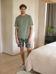 Sage Green Check 100% Cotton Check Pyjamas Shorts Set - Image 1 of 11