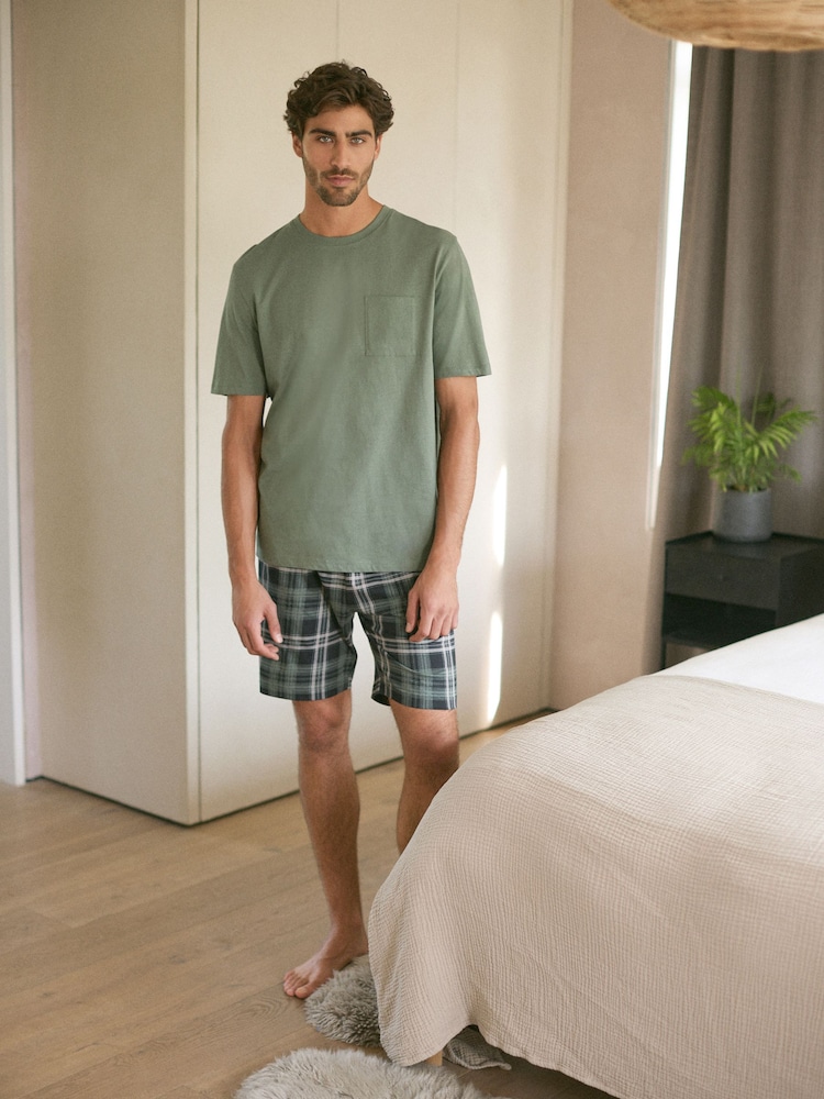 Sage Green Check 100% Cotton Check Pyjamas Shorts Set - Image 1 of 11 Sage Green Check 100% Cotton Check Pyjamas Shorts Set - Image 1 of 11