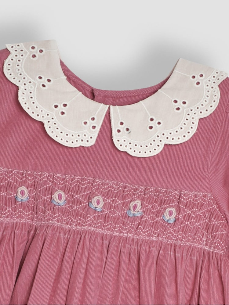 JoJo Maman Bébé Pink Floral Embroidered Smocked Cord Dress - Image 3 of 3