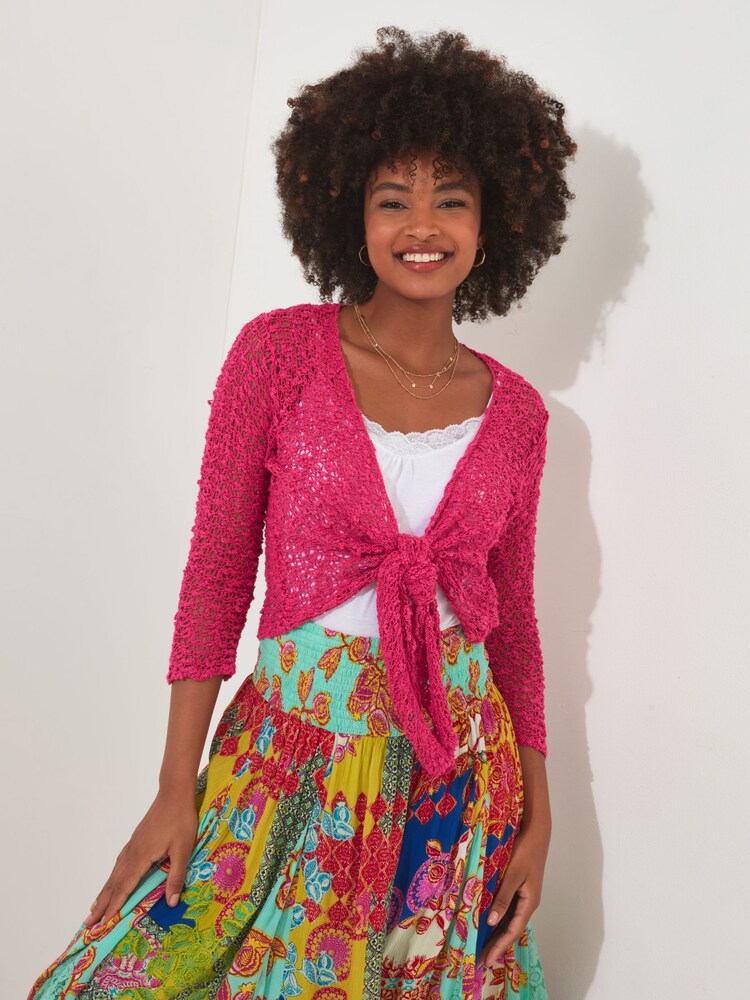Joe Browns Pink Popcorn Knit Waterfall Tie Front Cardigan - Image 1 of 3