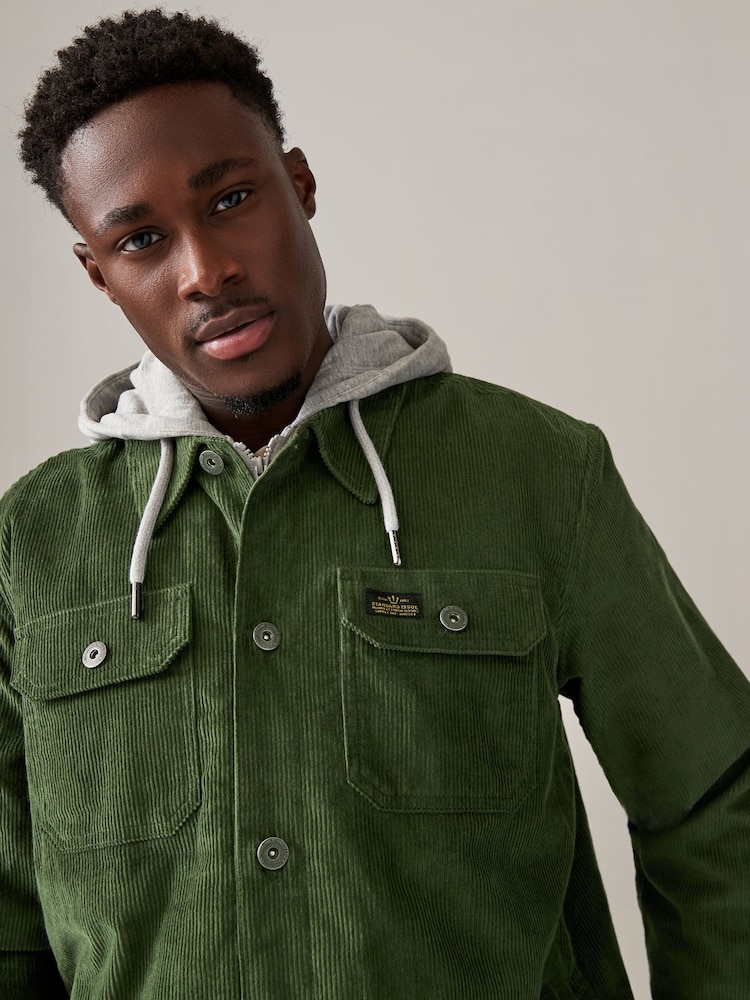 Green Hooded Corduroy Borg Lined Shacket - Image 1 of 11