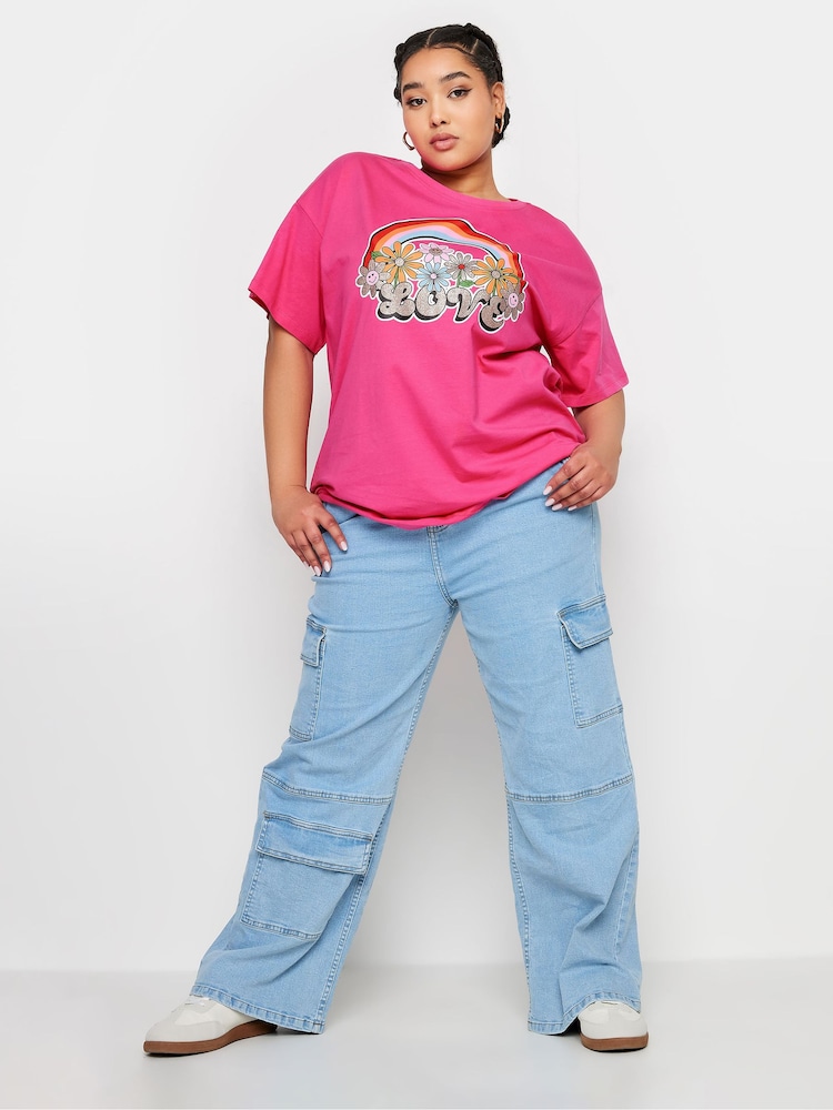 Pink - Yours Curve 100% Cotton Relaxed Drop Shoulder Rainbow Love T-Shirt - Bild 2 von 6 Pink - Yours Curve 100% Cotton Relaxed Drop Shoulder Rainbow Love T-Shirt - Bild 2 von 6