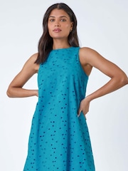 Roman Blue 100% Cotton Embroidery Detail Shift Dress - Image 1 of 5