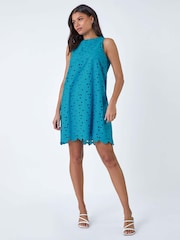 Roman Blue 100% Cotton Embroidery Detail Shift Dress - Image 2 of 5