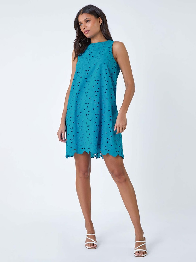 Roman Blue 100% Cotton Embroidery Detail Shift Dress - Image 2 of 5