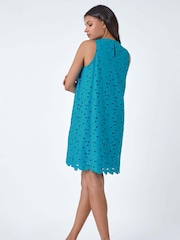 Roman Blue 100% Cotton Embroidery Detail Shift Dress - Image 3 of 5