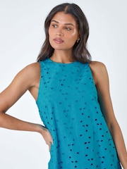 Roman Blue 100% Cotton Embroidery Detail Shift Dress - Image 4 of 5