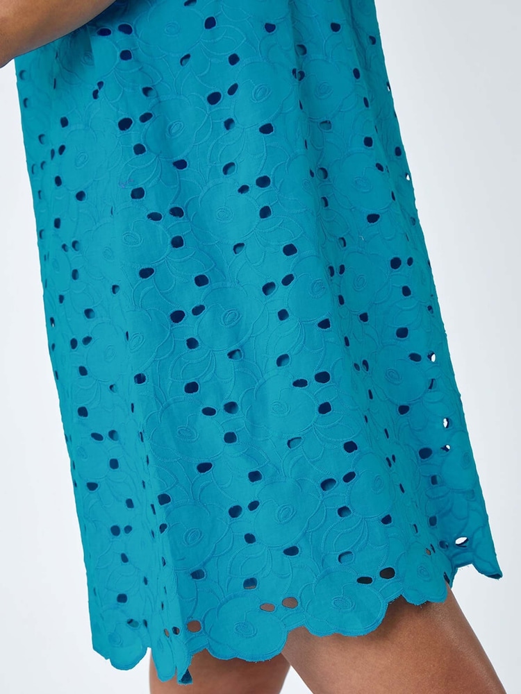 Roman Blue 100% Cotton Embroidery Detail Shift Dress - Image 5 of 5