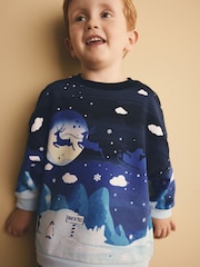 Navy Reindeer Scene Christmas Crew Neck 100% Cotton Sweatshirt (3mths-7yrs) - Image 1 of 7