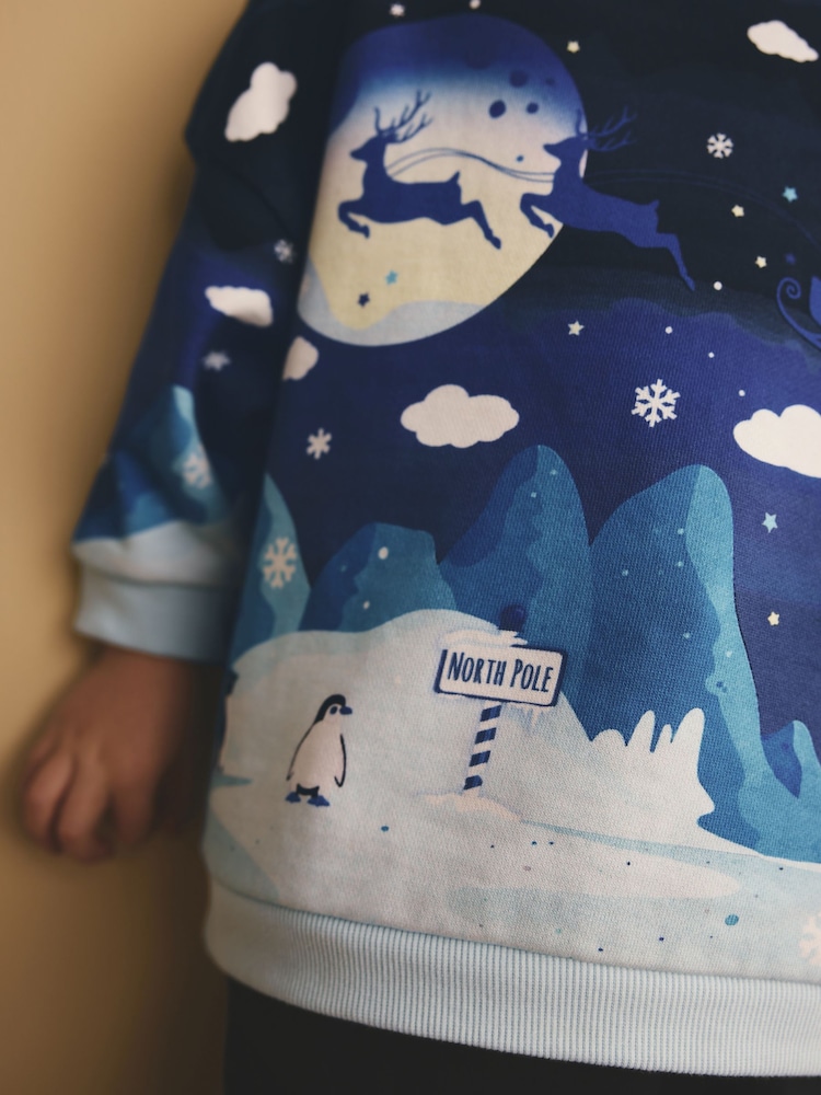 Navy Reindeer Scene Christmas Crew Neck 100% Cotton Sweatshirt (3mths-7yrs) - Image 2 of 7