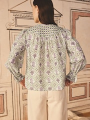 Cath Kidston Green Birdcage Ruffle 100% Cotton Blouse - Image 2 of 3