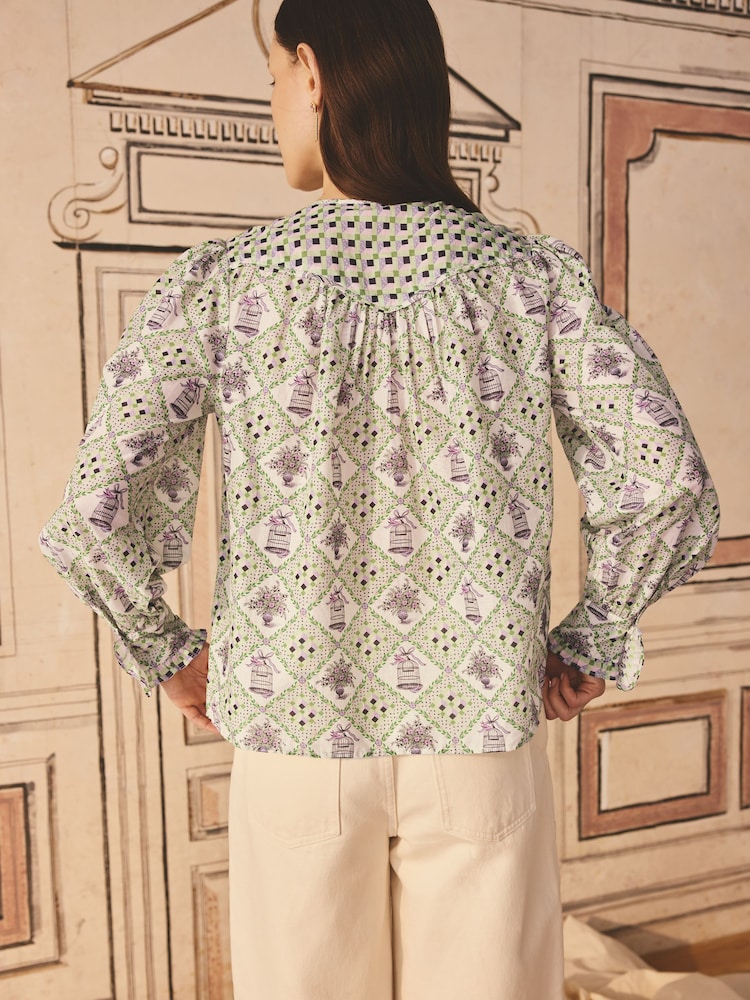 Cath Kidston Green Birdcage Ruffle 100% Cotton Blouse - Image 2 of 3
