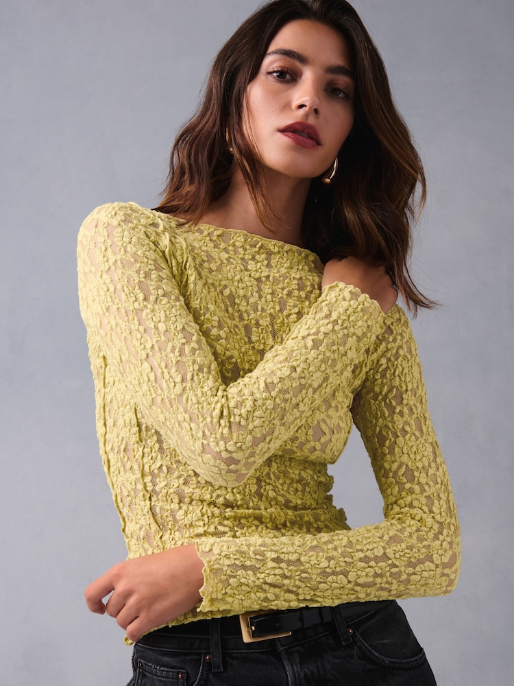 Green Slash Neck Long Sleeve Lace Top - Image 1 of 6