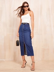 Friends Like These Dark Blue Denim Split Front Midaxi Skirt - Image 1 of 4