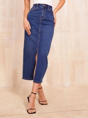 Friends Like These Dark Blue Denim Split Front Midaxi Skirt - Image 2 of 4