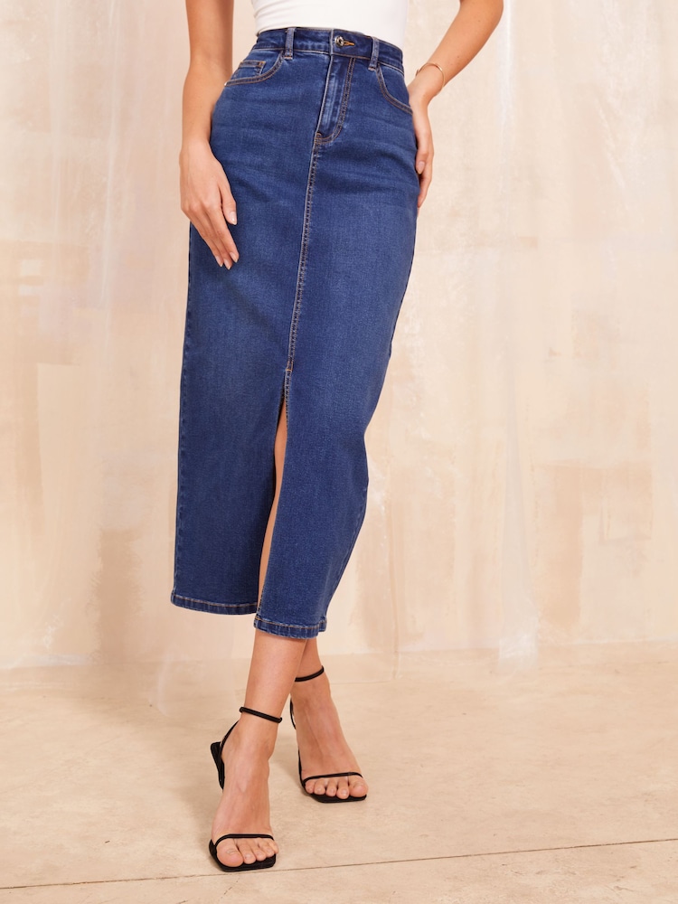 Friends Like These Dark Blue Denim Split Front Midaxi Skirt - Image 2 of 4 Friends Like These Dark Blue Denim Split Front Midaxi Skirt - Image 2 of 4