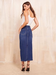 Friends Like These Dark Blue Denim Split Front Midaxi Skirt - Image 4 of 4