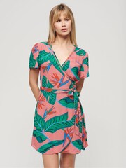 Superdry Pink Printed Mini Wrap Dress - Image 1 of 7