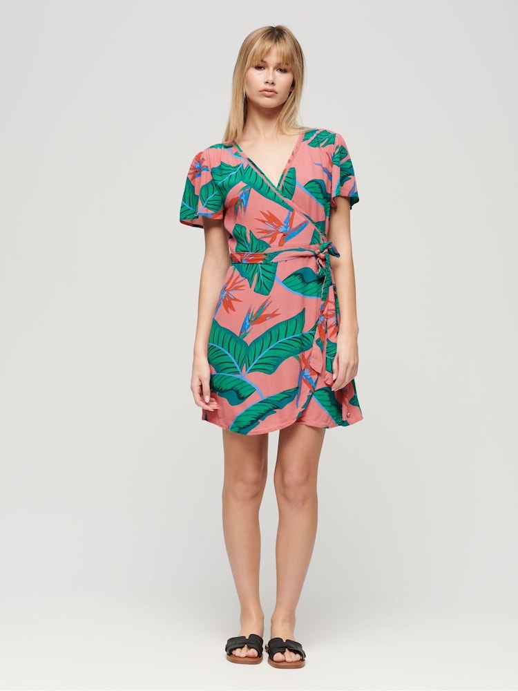 Superdry Pink Printed Mini Wrap Dress - Image 2 of 7