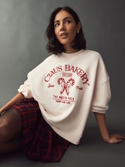 Red/Ecru Christmas Front Graphic Claus Bakery Crew Neck Sweatshirt - Image 1 of 7