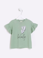 River Island Green Mini Girls Satin Heart Lovely T-Shirt - Image 2 of 4