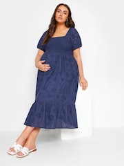 Yours Curve Blue Maternity 100% Cotton Broderie Shirred Dress - Image 1 of 5