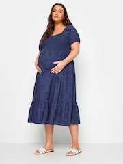 Yours Curve Blue Maternity 100% Cotton Broderie Shirred Dress - Image 2 of 5