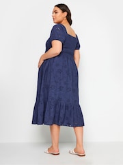 Yours Curve Blue Maternity 100% Cotton Broderie Shirred Dress - Image 3 of 5