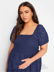 Yours Curve Blue Maternity 100% Cotton Broderie Shirred Dress - Image 4 of 5