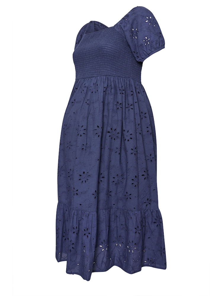 Yours Curve Blue Maternity 100% Cotton Broderie Shirred Dress - Image 5 of 5