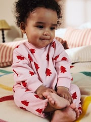 Pink Christmas Tree Print Baby Sweat Top And Leggings Set - Image 1 of 18