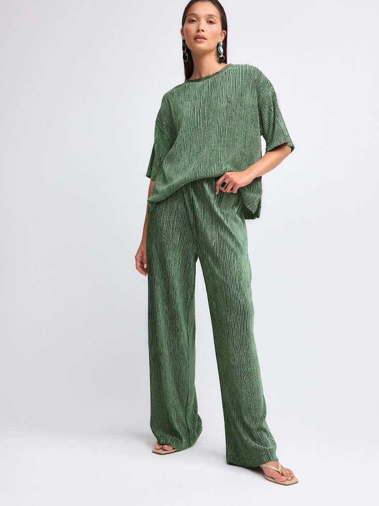 Olive Green Velvet Plisse Wide Leg Trousers - Image 1 of 4