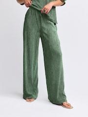 Olive Green Velvet Plisse Wide Leg Trousers - Image 2 of 4