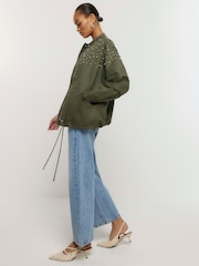 River Island Khaki Pearl Detail Bomber Jacket - Image 1 of 4