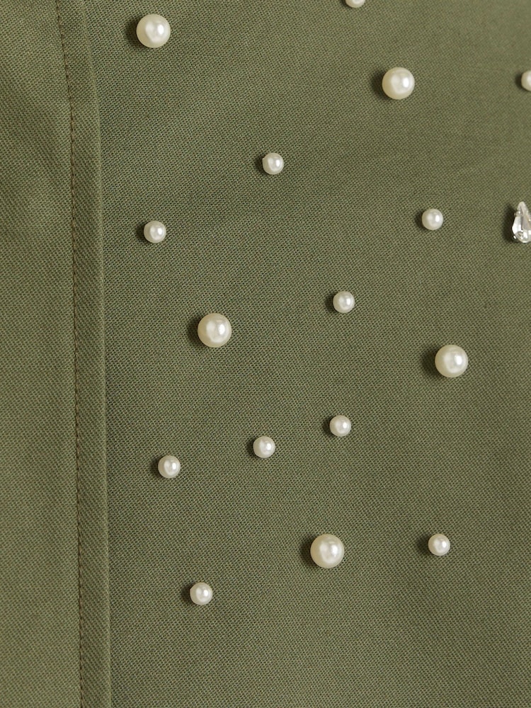 River Island Khaki Pearl Detail Bomber Jacket - Image 2 of 4 River Island Khaki Pearl Detail Bomber Jacket - Image 2 of 4
