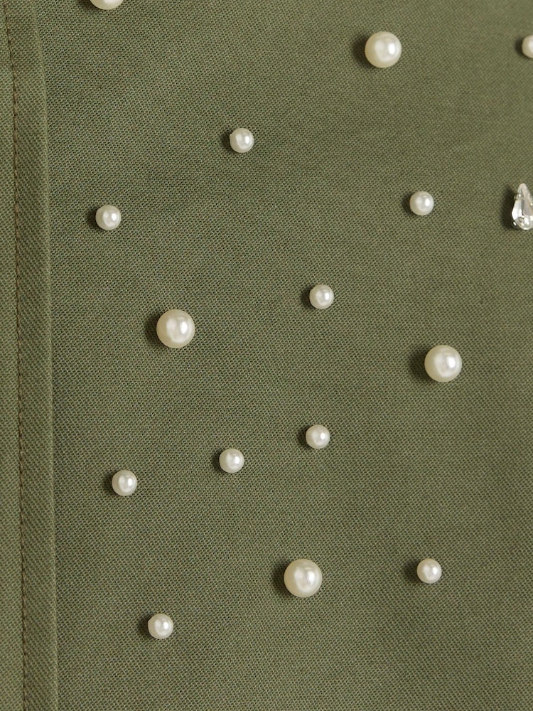 River Island Khaki Pearl Detail Bomber Jacket - Image 4 of 4 River Island Khaki Pearl Detail Bomber Jacket - Image 4 of 4