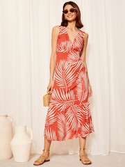 Friends Like These Red Palm Strappy Woven V Neck Tiered Midaxi - Image 1 of 4
