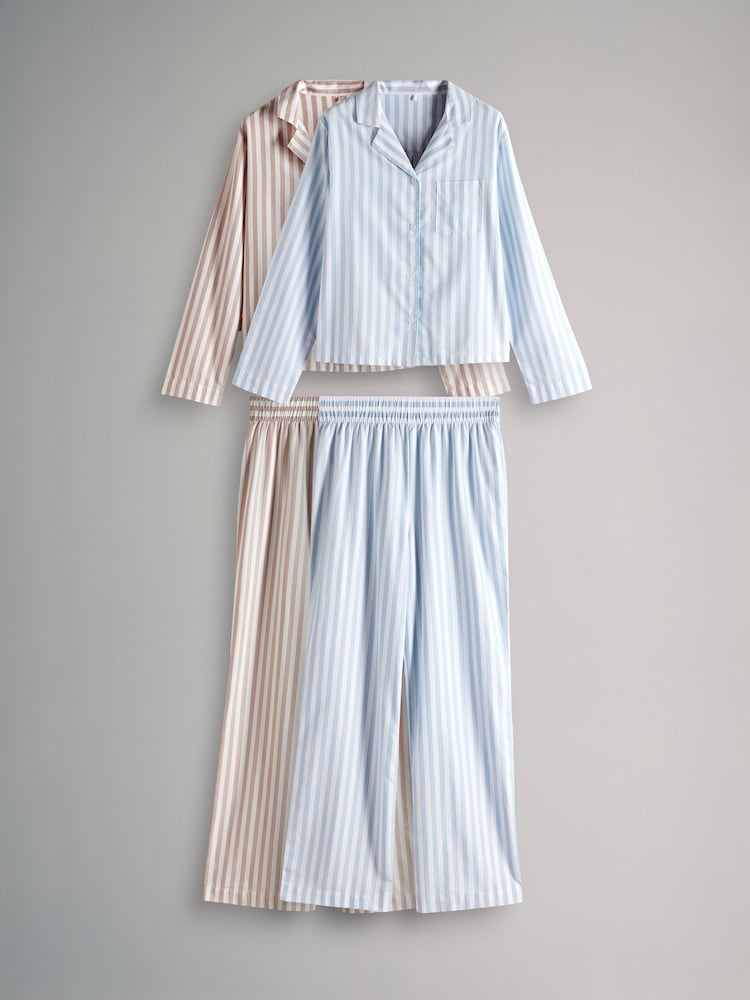 The Set Neutral Stripe/Blue Stripe 2 Pack Flannel Long Sleeve Button Through Pyjamas - Image 1 of 8